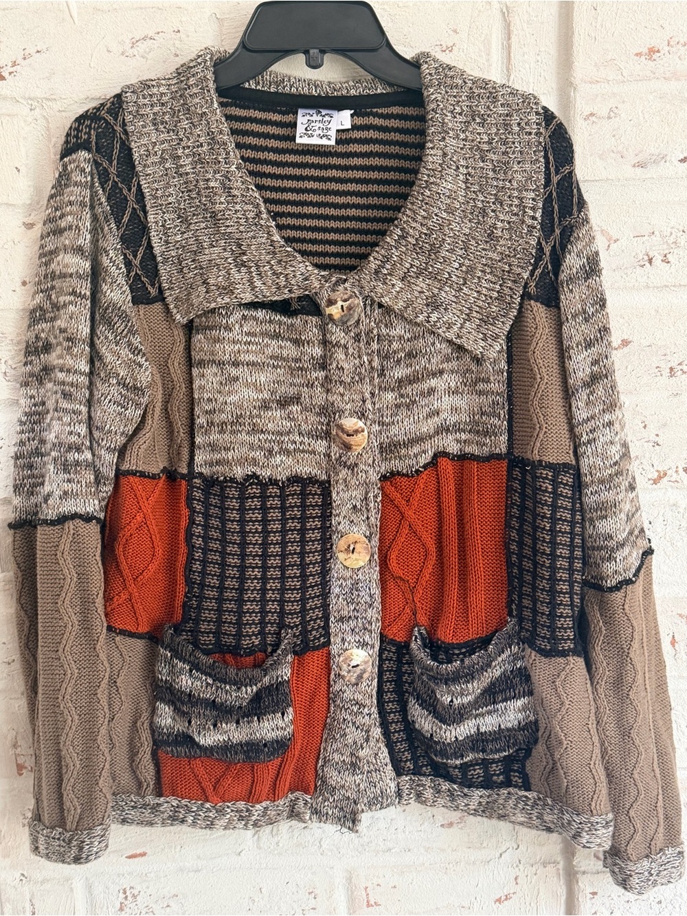 Parsley & Sage Patchwork Knit Cardigan Sweater Jacket L Boho Cottagecore Artsy
